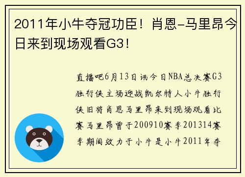 2011年小牛夺冠功臣！肖恩-马里昂今日来到现场观看G3！