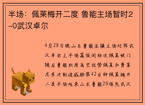 半场：佩莱梅开二度 鲁能主场暂时2-0武汉卓尔