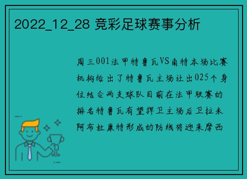 2022_12_28 竞彩足球赛事分析