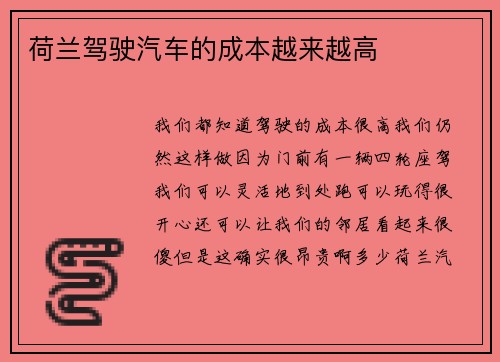 荷兰驾驶汽车的成本越来越高
